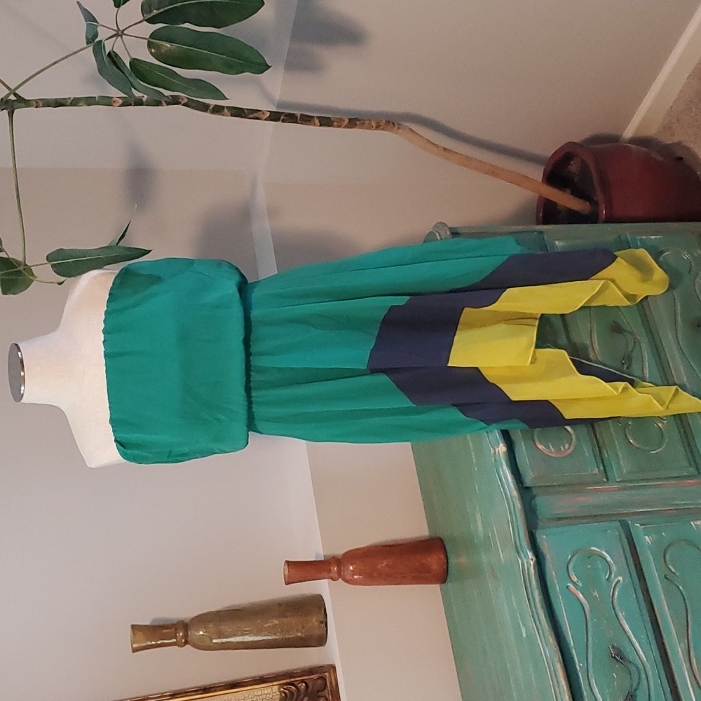 Strapless Colorblock Green, yellow and blue Hanky Hem Dress size XL